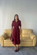 TENCEL ÖNDEN DÜĞMELİ KISA KOL ELBİSE - Bordo resmi
